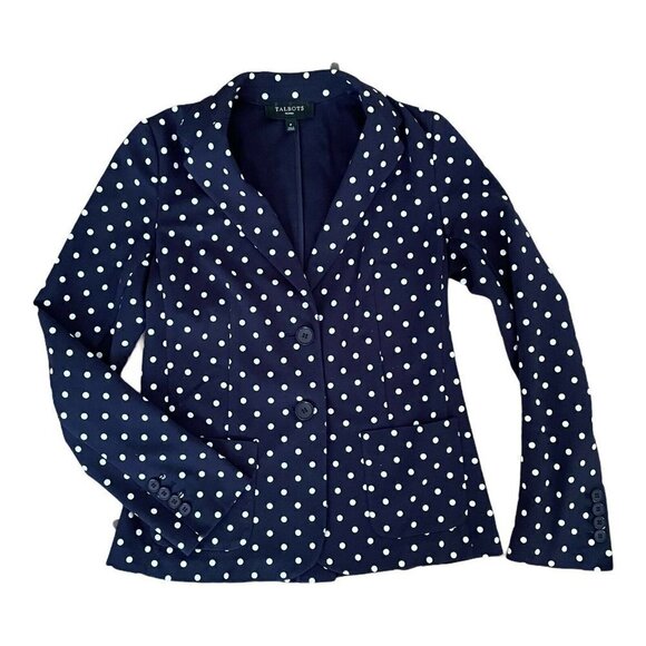 Talbots Petites Navy Blue Knit Blazer Polka Dot P - Picture 1 of 5